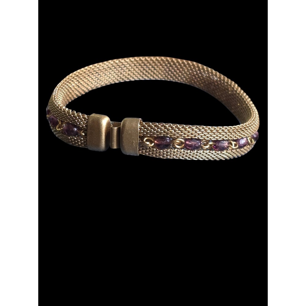 Sarah Cavender Metalworks Mesh Bracelet Gold Tone Purple Bead Vintage 7.25in